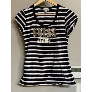 Guess Top Classic Nautical Stripe Gold‎ Lettering Short Sleeve Tee Large EUC